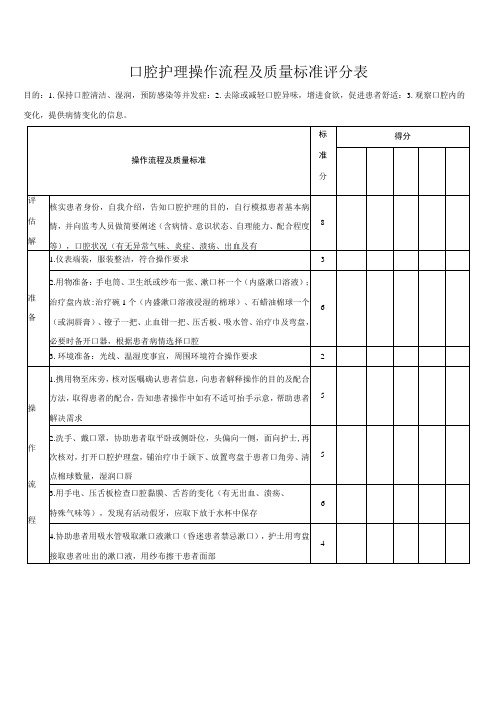 口腔护理操作流程及质量标准评分表