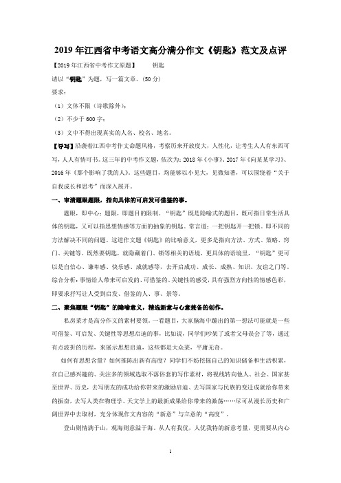 2019年江西省中考语文高分满分作文范文及点评