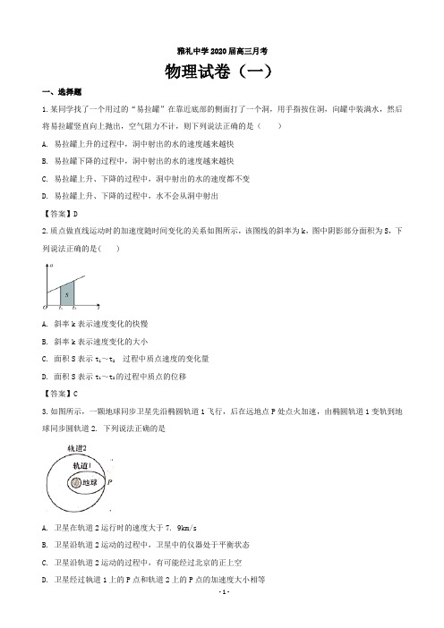 2020届湖南省长沙市雅礼中学高三上学期月考(一)物理试题