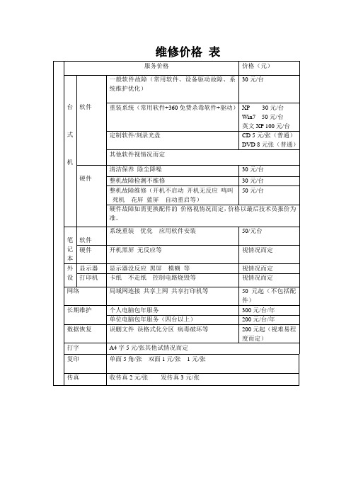 维修价格 表