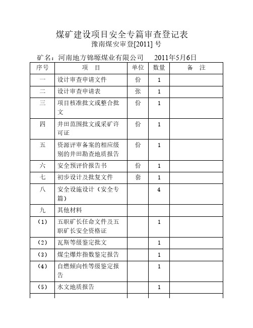 2：煤矿建设项目安全设施设计审查登记表