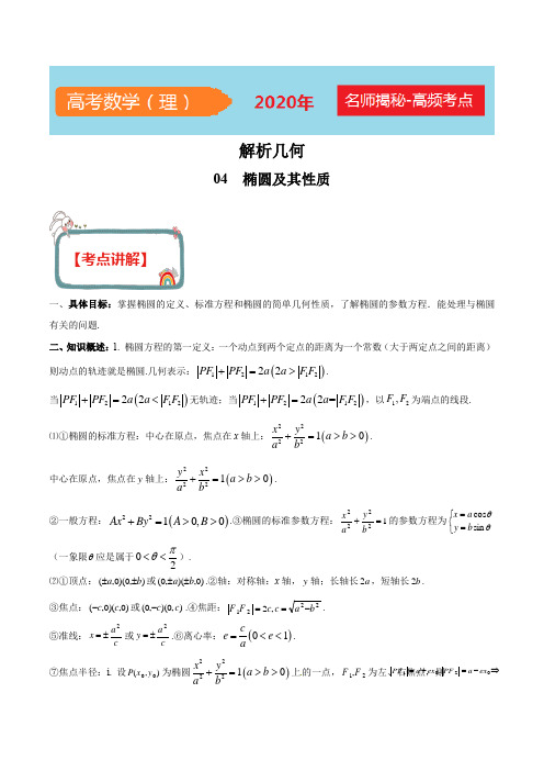 2020年高考数学(理)之解析几何高频考点04 椭圆及其性质附解析