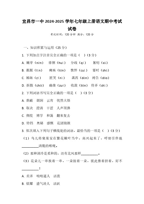 湖北省宜昌市一中2024-2025学年语文七年级上册语文期中考试模拟试卷(含答案)