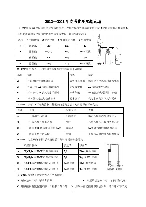 近六年化学实验高考题(选择题,含答案)