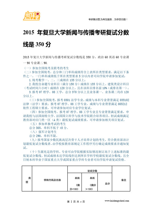 2015年复旦大学新闻与传播考研复试分数线是350分