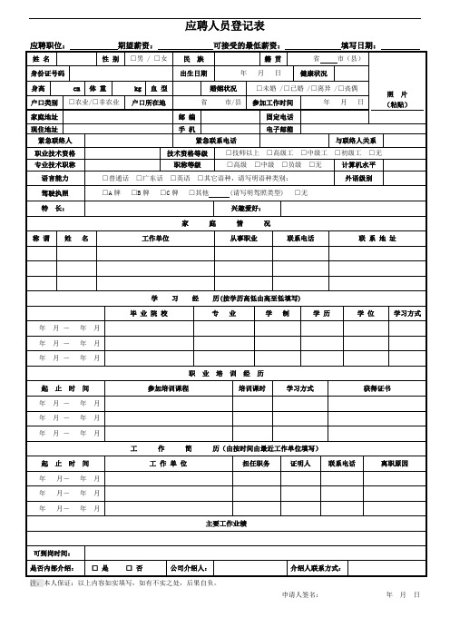 应聘人员登记表