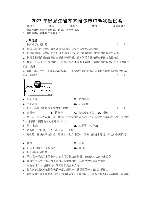 2023年黑龙江省齐齐哈尔市中考物理试卷附解析