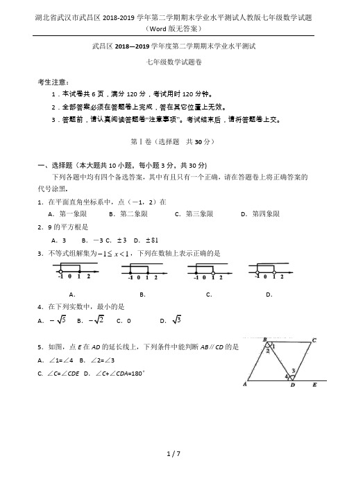 湖北省武汉市武昌区2018-2019学年第二学期期末学业水平测试人教版七年级数学试题(Word版无答