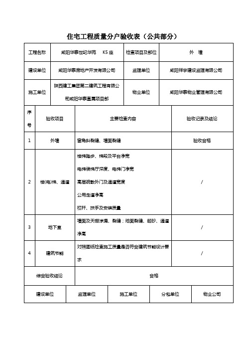 住宅工程质量分户验收表公共部分