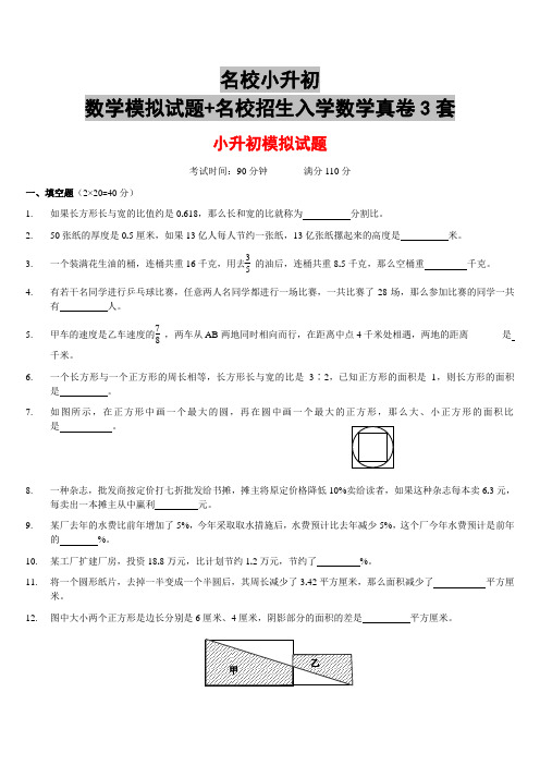 名校小升初数学模拟试题+名校招生入学数学真卷3套