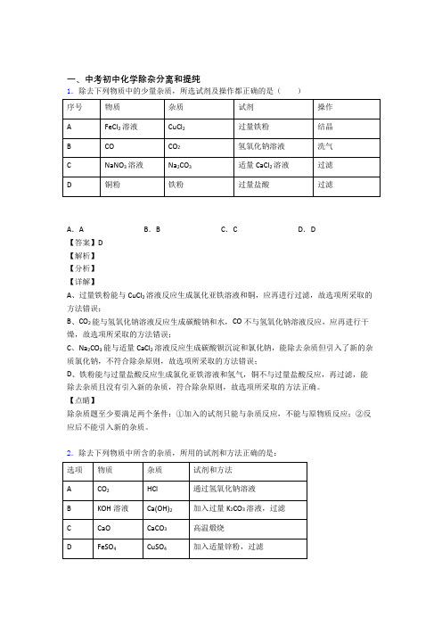 2020-2021全国中考化学分离和提纯除杂的综合中考真题汇总含答案