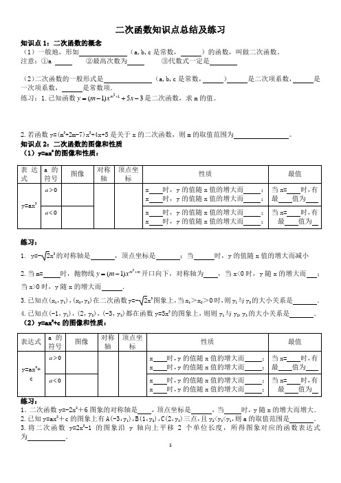 二次函数知识点总结及练习