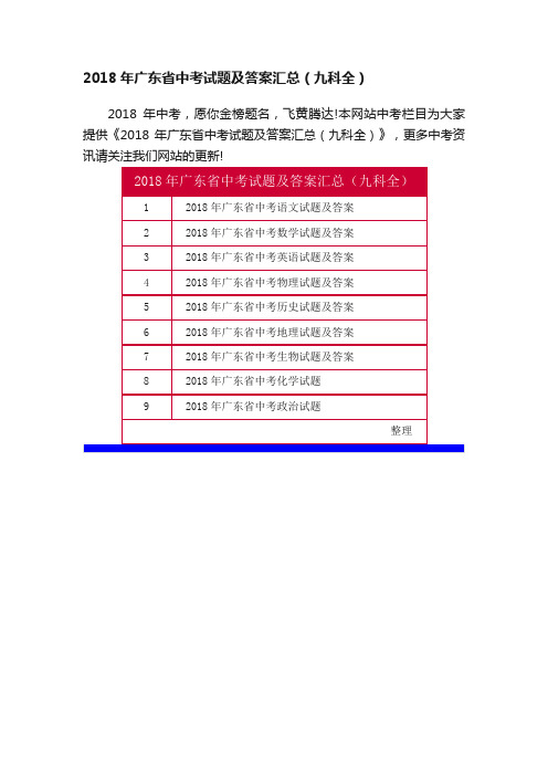 2018年广东省中考试题及答案汇总（九科全）