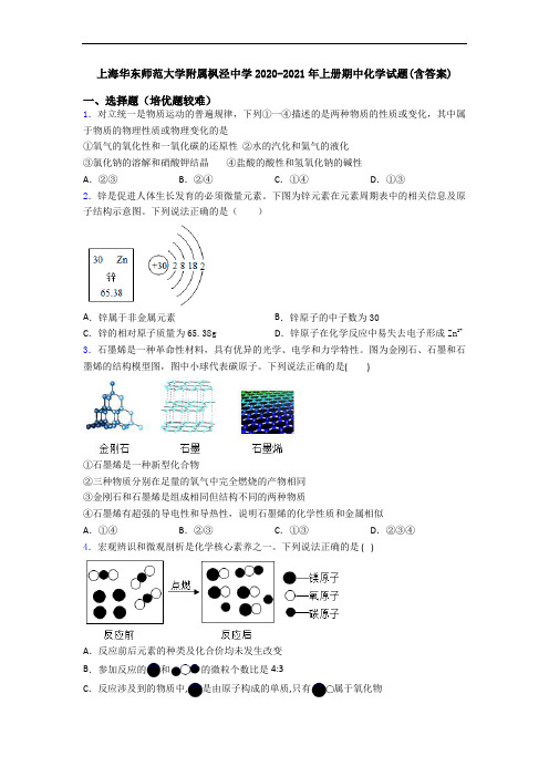 上海华东师范大学附属枫泾中学2020-2021年初三化学上册期中化学试题(含答案)