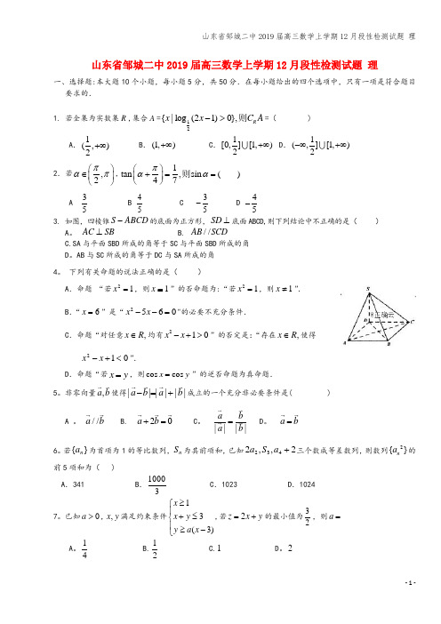 山东省邹城二中2019届高三数学上学期12月段性检测试题 理