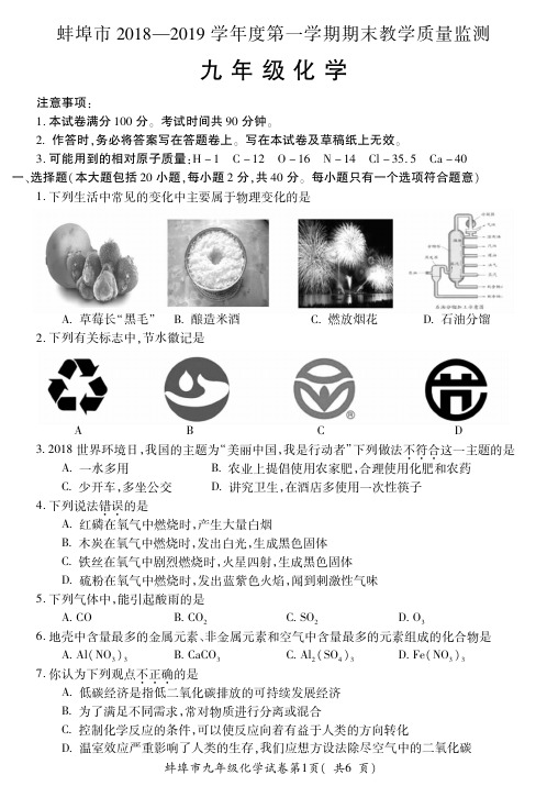 蚌埠市2018--2019学年度第一学期期末教学质量检测九年级化学