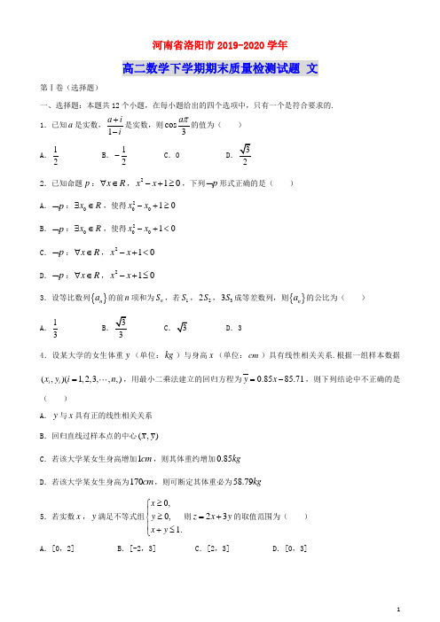 河南省洛阳市2019_2020学年高二数学下学期期末质量检测试题文(含参考答案)