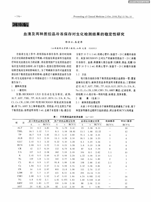 血清及两种质控品冷冻保存对生化检测结果的稳定性研究