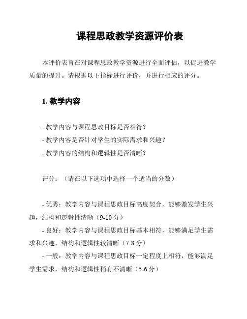 课程思政教学资源评价表