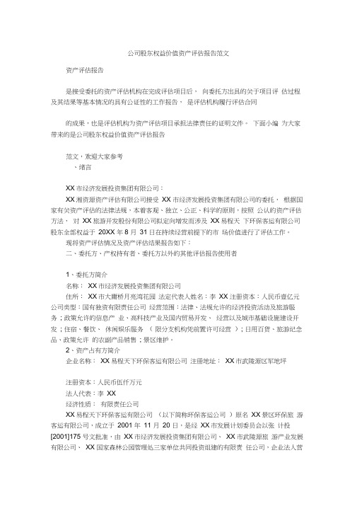 公司股东权益价值资产评估报告范文