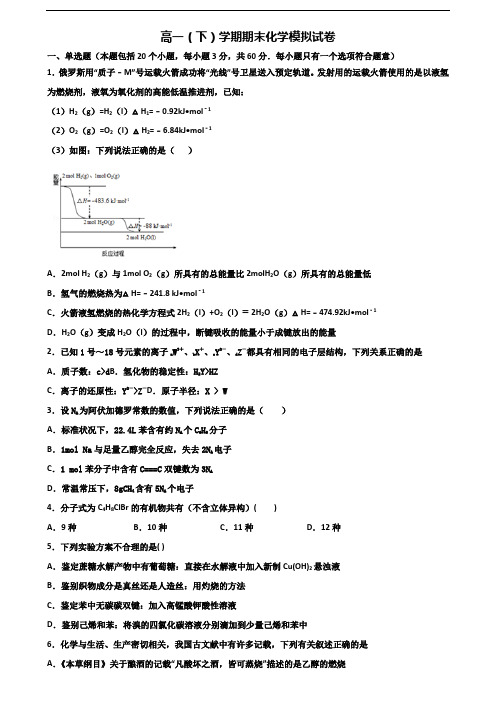 2020学年漳州市名校新高考高一化学下学期期末达标测试试题