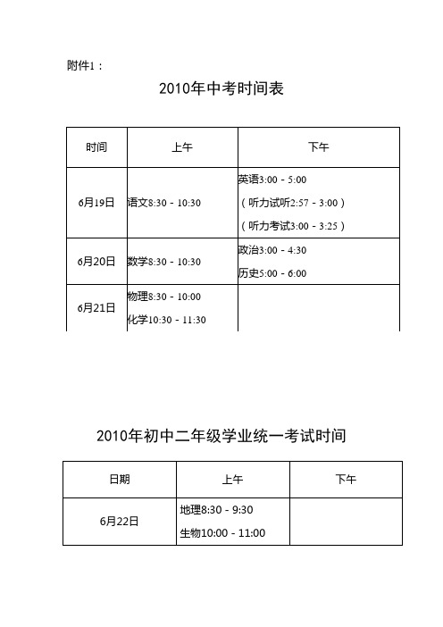 2010年中考时间表