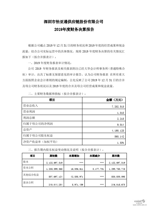 怡亚通：2019年度财务决算报告