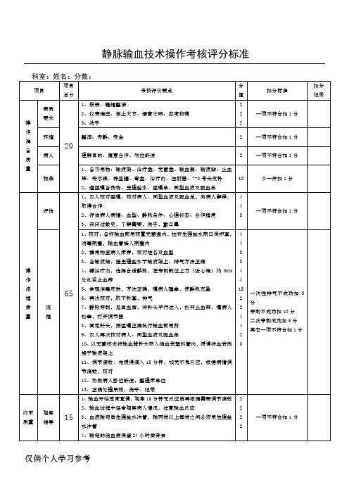 静脉输血技术操作考核评分标准