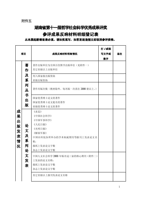 参评成果反响材料明细登记表