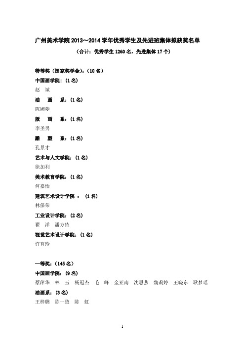 广州美术学院2013~2014学年优秀学生及先进班集体拟获奖名