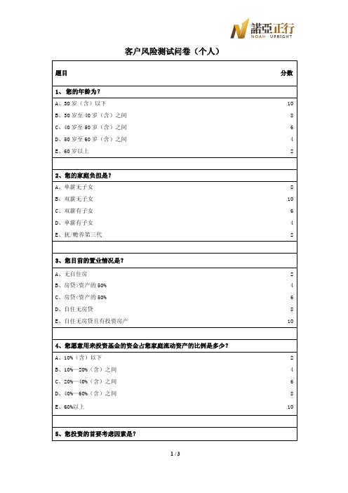 客户风险测试问卷(个人)