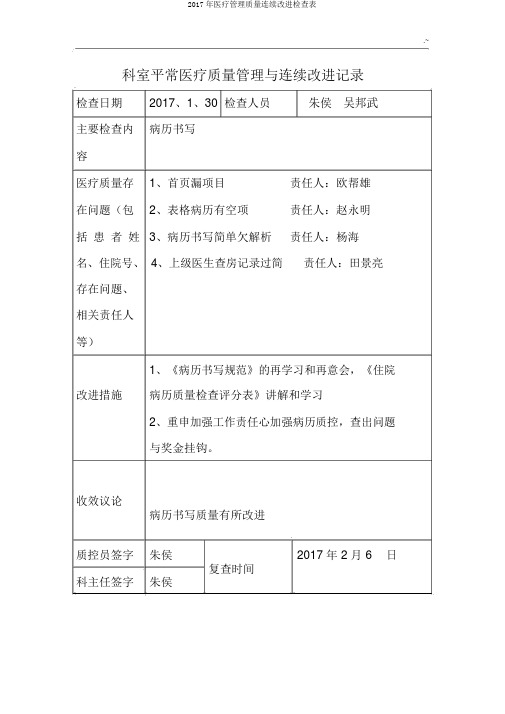 2017年医疗管理质量持续改进检查表