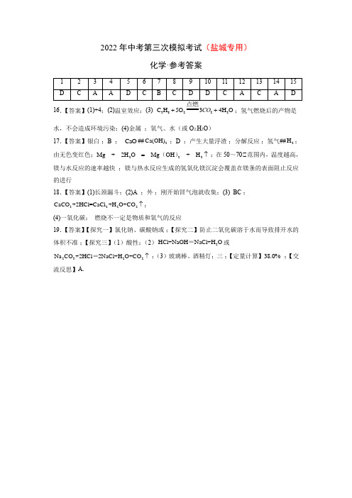 (盐城专用)2022年中考化学第三次模拟考试(参考答案)