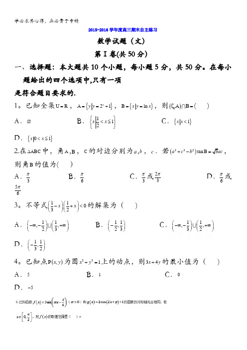 潍坊市潍坊中学2016届高三上学期自主命题期末考试(文)数学试题 含答案