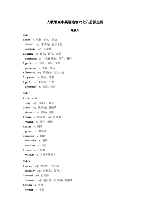 人教版高中英语选修六七八册派生词