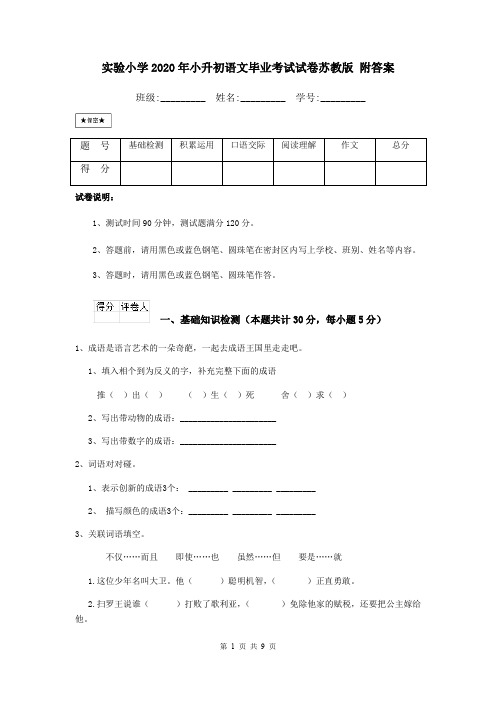 实验小学2020年小升初语文毕业考试试卷苏教版 附答案