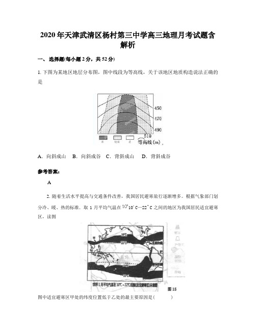 2020年天津武清区杨村第三中学高三地理月考试题含解析