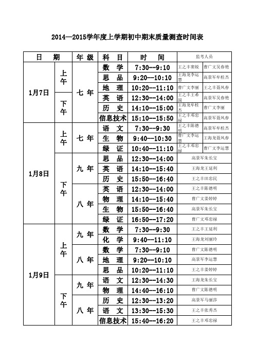 2015年12月期末中学考试时间表