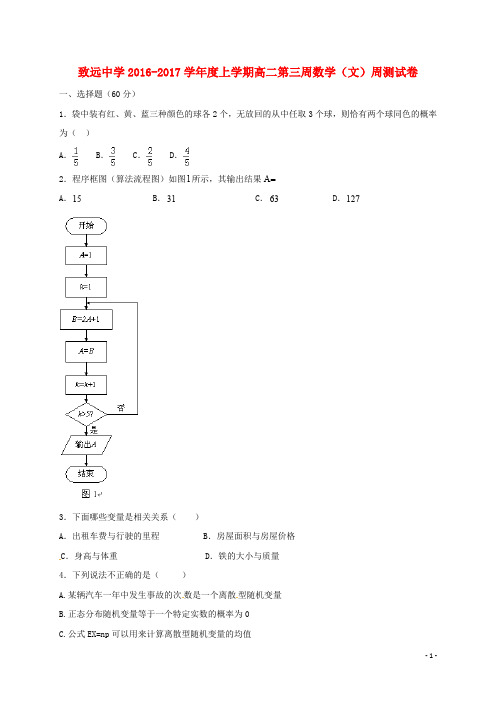 江西省铅山县私立致远中学高二数学上学期第三周周测试题 文