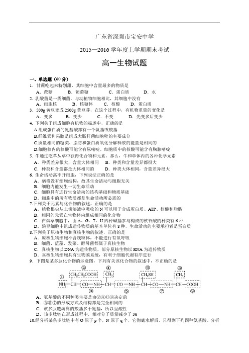 广东省深圳市宝安中学1516学年度高一上学期期末考试——生物生物