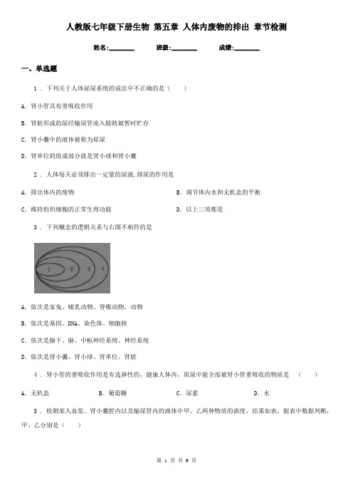 人教版七年级下册生物 第五章 人体内废物的排出 章节检测