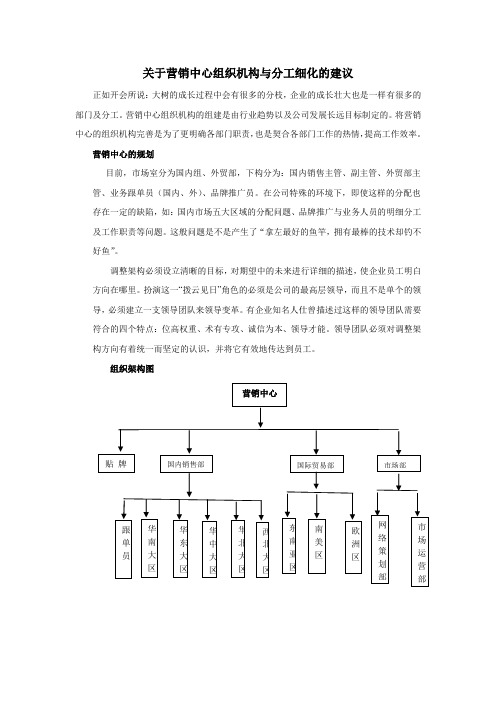 关于营销中心组织机构与分工细化的建议