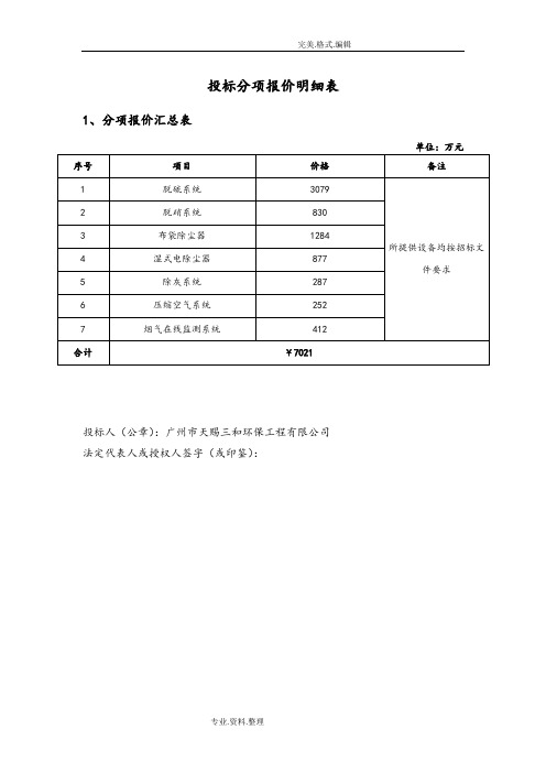 投标分项报价明细表