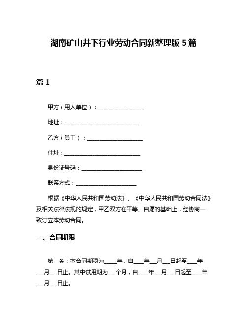 湖南矿山井下行业劳动合同新整理版5篇