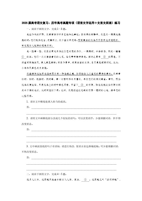 2025届高考语文复习：历年高考真题专项(语言文字运用+文言文阅读)练习(附答案)