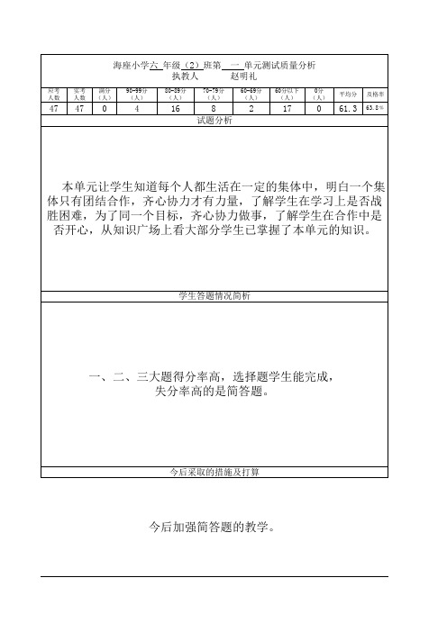 六年级下册品德与社会,单元测试卷质量分析