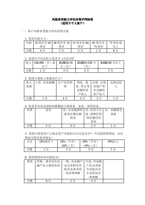 风险承受能力评估问卷评判标准(适用于个人客户)