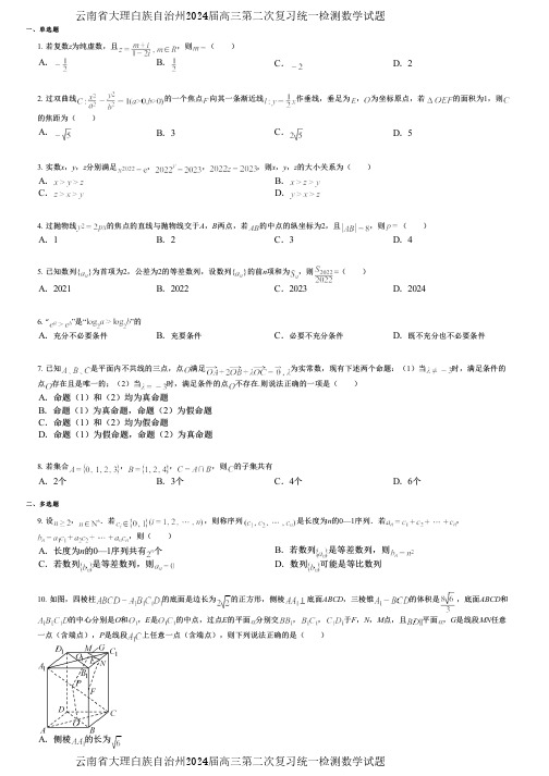 云南省大理白族自治州2024届高三第二次复习统一检测数学试题