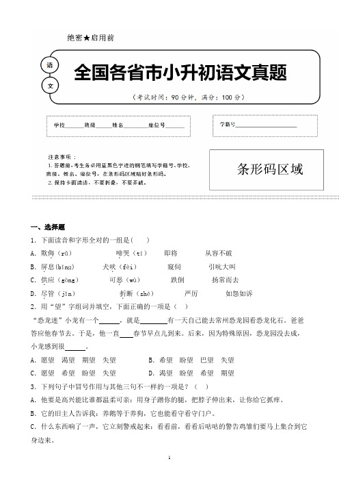 【小升初】2020年辽宁省沈阳市小升初语文毕业会考试题含答案(全网唯一)