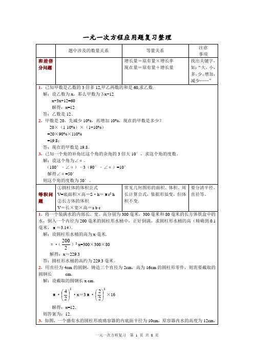 人教版初一数学一元一次方程应用题复习整理